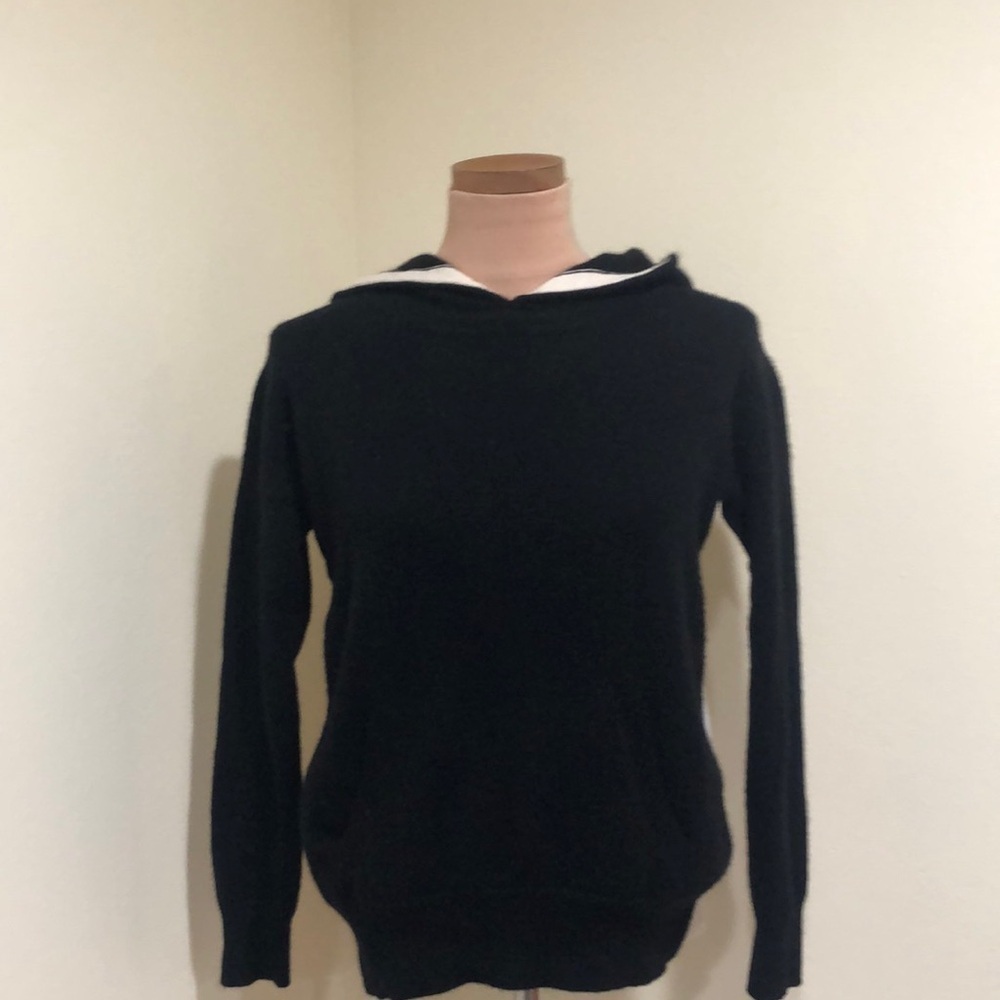Autumn Cashmere Hooded Sweater Size Medium Black Cream Ecru Cable Knit - Picture 2 of 9
